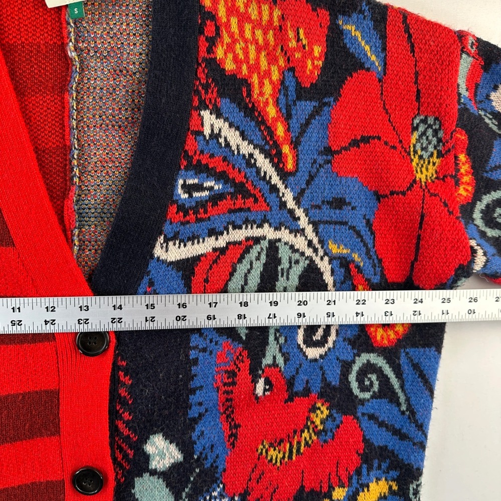 Farm Rio Vintage Forest Cardigan Small Striped Red Blue Sweater Chic Oversized - Picture 12 of 16